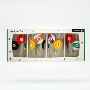 NOS LUMINARC Pool Parlor Pub Pint Glasses 16 oz Set of 4 NIB Bar Decor Arcade